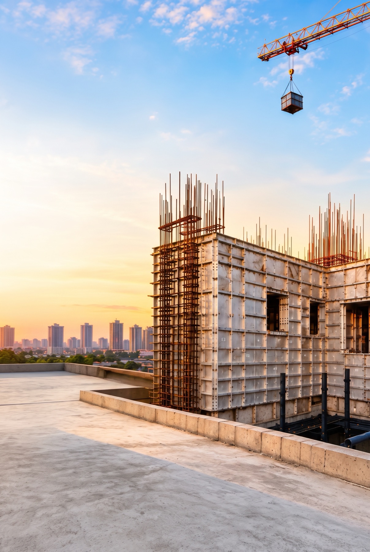 Aluminium formwork on a building under construction at sunset, with a tower crane overhead