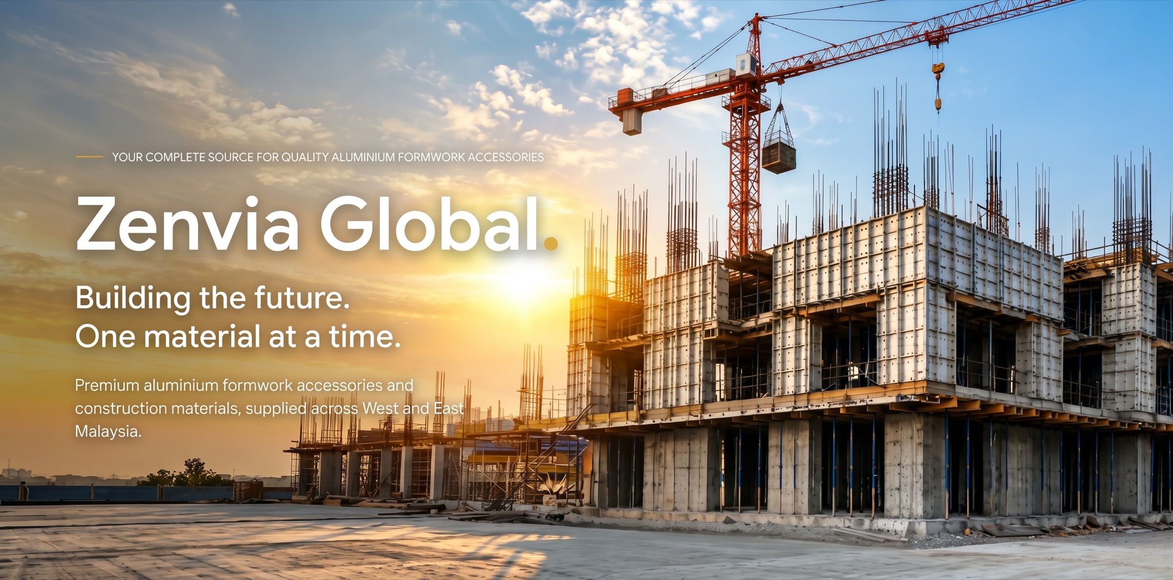 Zenvia Global. Building the future. One material at a time. Aluminium formwork on a building under construction beside a tower crane.